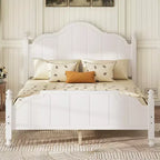 Queen Bed Frame with Headboard, Vintage Wood Platform Bed with Slat Support, White