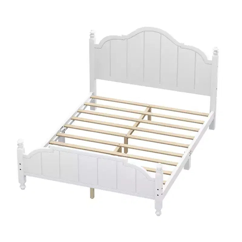 Estructura de cama Queen con cabecero, cama de plataforma de madera vintage con soporte de listones, blanco