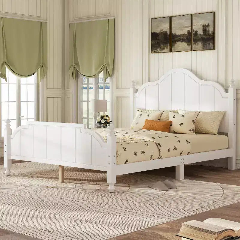 Estructura de cama Queen con cabecero, cama de plataforma de madera vintage con soporte de listones, blanco