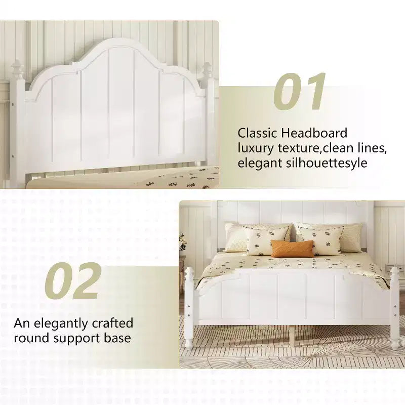 Estructura de cama Queen con cabecero, cama de plataforma de madera vintage con soporte de listones, blanco