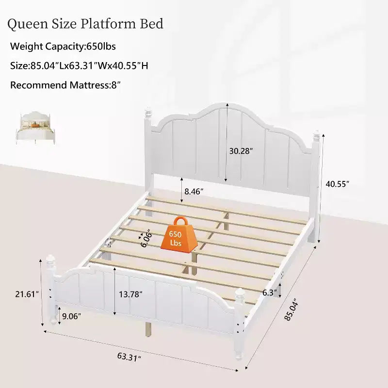Estructura de cama Queen con cabecero, cama de plataforma de madera vintage con soporte de listones, blanco