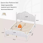 Estructura de cama Queen con cabecero, cama de plataforma de madera vintage con soporte de listones, blanco