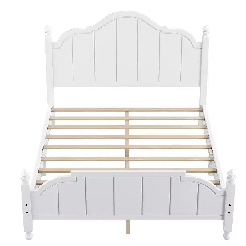 Estructura de cama Queen con cabecero, cama de plataforma de madera vintage con soporte de listones, blanco
