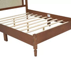 Cama plataforma Queen de madera con cabecero de ratán natural, estructura de cama vintage con soporte de listones, Nogal