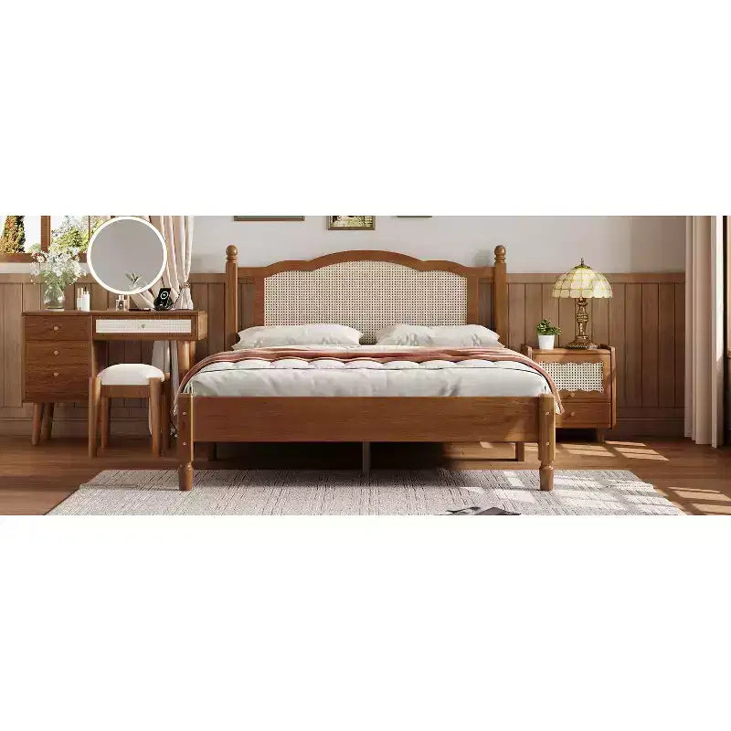 Cama plataforma Queen de madera con cabecero de ratán natural, estructura de cama vintage con soporte de listones, Nogal