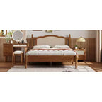 Cama plataforma Queen de madera con cabecero de ratán natural, estructura de cama vintage con soporte de listones, Nogal