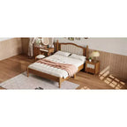 Cama plataforma Queen de madera con cabecero de ratán natural, estructura de cama vintage con soporte de listones, Nogal