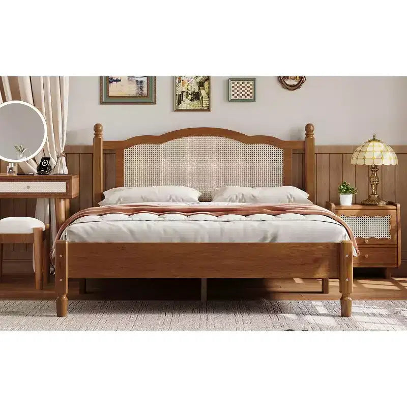 Cama plataforma Queen de madera con cabecero de ratán natural, estructura de cama vintage con soporte de listones, Nogal