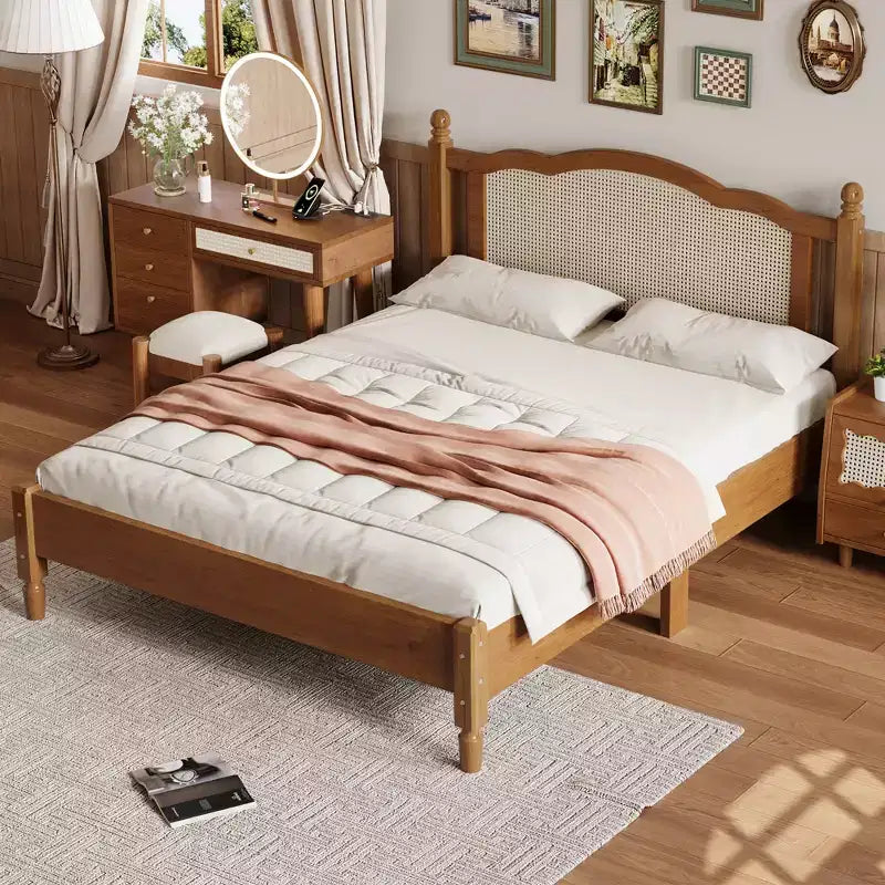 Cama plataforma Queen de madera con cabecero de ratán natural, estructura de cama vintage con soporte de listones, Nogal