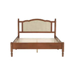 Cama plataforma Queen de madera con cabecero de ratán natural, estructura de cama vintage con soporte de listones, Nogal
