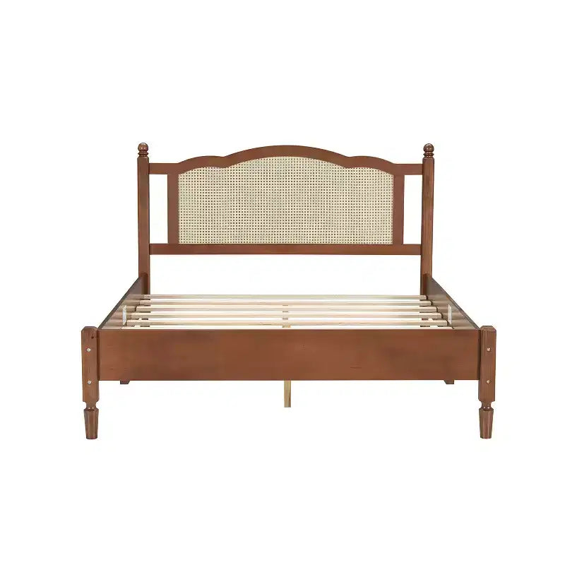 Cama plataforma Queen de madera con cabecero de ratán natural, estructura de cama vintage con soporte de listones, Nogal