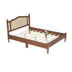 Cama plataforma Queen de madera con cabecero de ratán natural, estructura de cama vintage con soporte de listones, Nogal