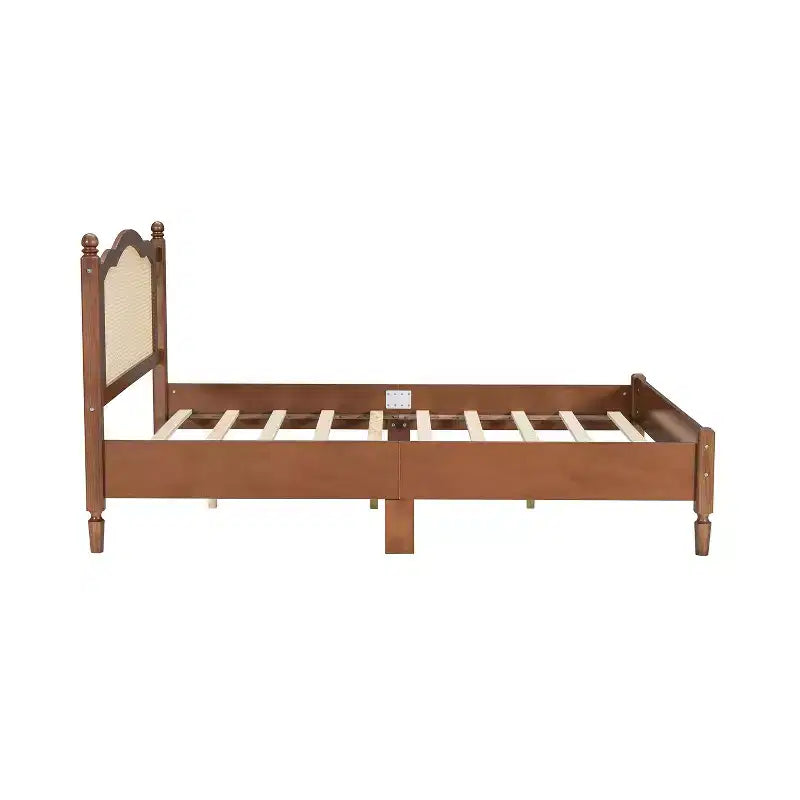 Cama plataforma Queen de madera con cabecero de ratán natural, estructura de cama vintage con soporte de listones, Nogal