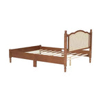 Cama plataforma Queen de madera con cabecero de ratán natural, estructura de cama vintage con soporte de listones, Nogal