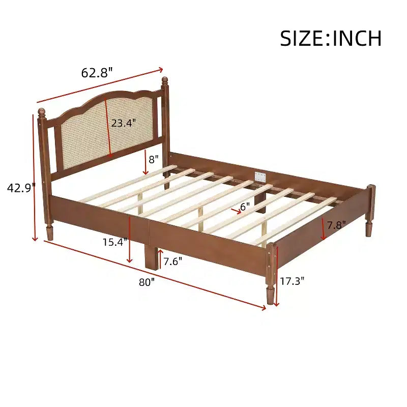Cama plataforma Queen de madera con cabecero de ratán natural, estructura de cama vintage con soporte de listones, Nogal