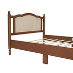 Cama plataforma Queen de madera con cabecero de ratán natural, estructura de cama vintage con soporte de listones, Nogal