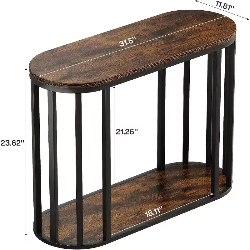 Mesa Auxiliar Estrecha de 2 Niveles Lantine con Almacenamiento, Mesa Auxiliar Industrial con Estructura de Metal Negro para Sala de Estar, Marrón