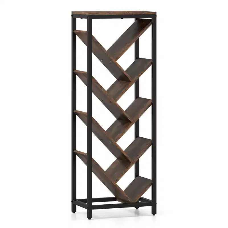 Estantería de árbol de Costway, librero de 9 niveles, estante esquinero estrecho, para el hogar, marrón rústico y negro/blanco y dorado