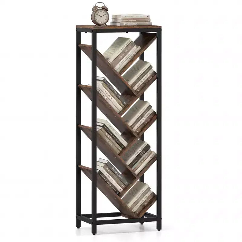 Costway Tree Bookshelf 9-Tier Freestanding Bookcase Corner Narrow Display Shelf for Home Rustic Brown & Black /White & Gold