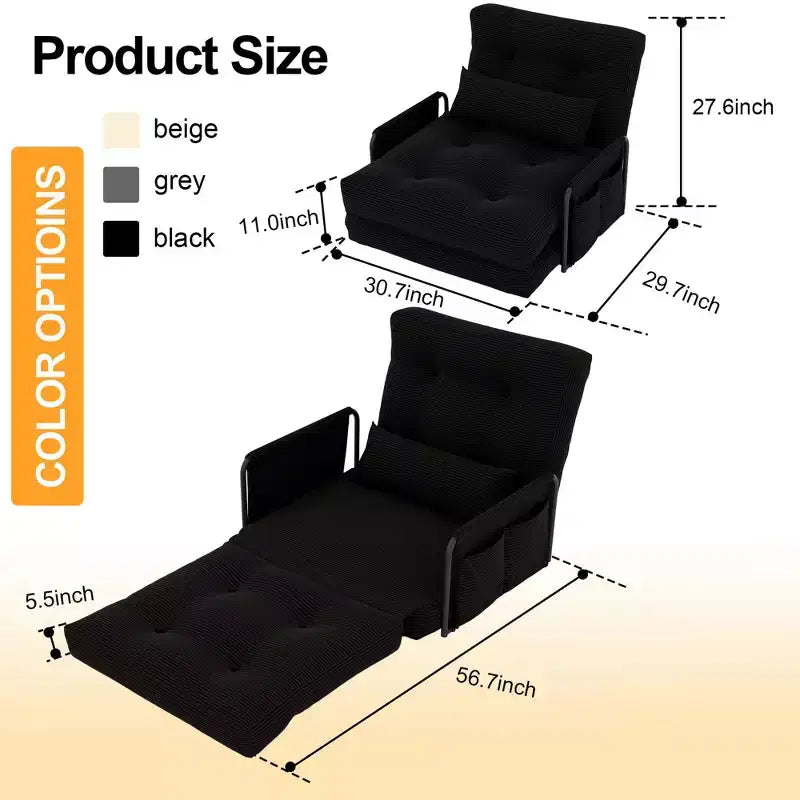 Sofá cama plegable individual ALAULM, sofá cama plegable 2 en 1 con almohadas, respaldo, reposabrazos y bolsa de almacenamiento ajustables