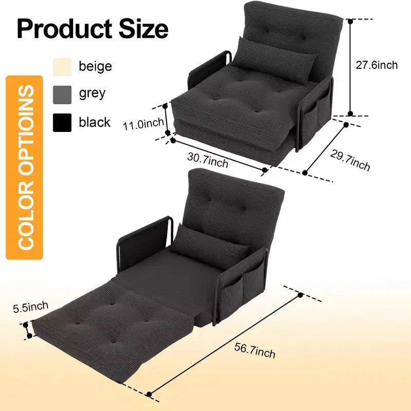 Sofá cama plegable individual ALAULM, sofá cama plegable 2 en 1 con almohadas, respaldo, reposabrazos y bolsa de almacenamiento ajustables