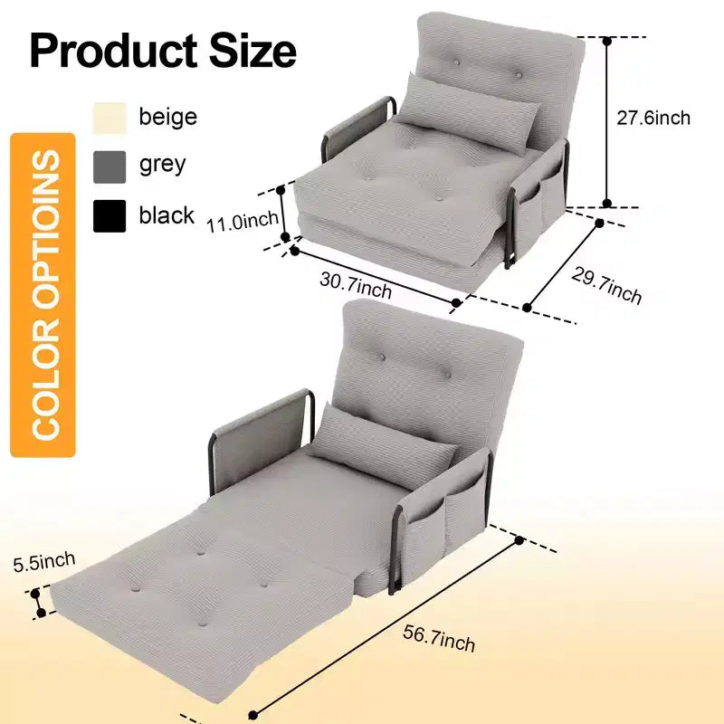 Sofá cama plegable individual ALAULM, sofá cama plegable 2 en 1 con almohadas, respaldo, reposabrazos y bolsa de almacenamiento ajustables