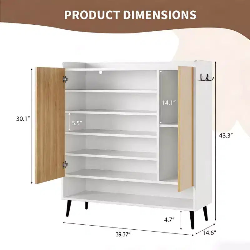 Zapatero Grande con Puertas, Organizador de Zapatos de Madera de 6 Niveles con Estantes Ajustables y Ganchos, Zapatero de Entrada de 3 Puertas para más de 30 Pares