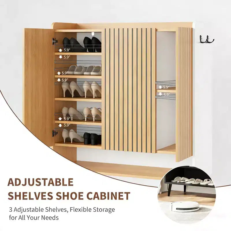 Zapatero Grande con Puertas, Organizador de Zapatos de Madera de 6 Niveles con Estantes Ajustables y Ganchos, Zapatero de Entrada de 3 Puertas para más de 30 Pares