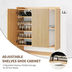 Zapatero Grande con Puertas, Organizador de Zapatos de Madera de 6 Niveles con Estantes Ajustables y Ganchos, Zapatero de Entrada de 3 Puertas para más de 30 Pares