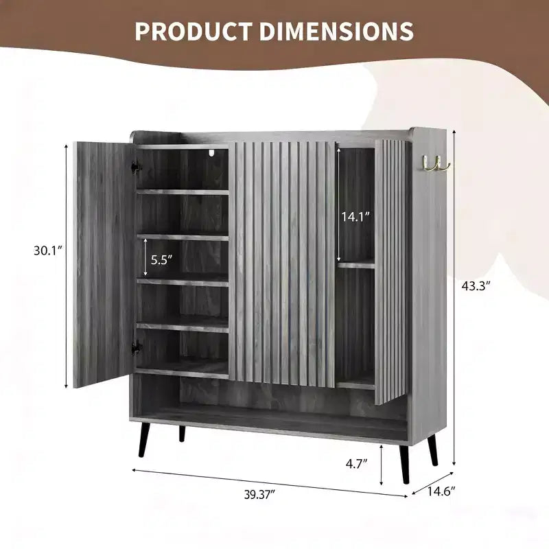 Zapatero Grande con Puertas, Organizador de Zapatos de Madera de 6 Niveles con Estantes Ajustables y Ganchos, Zapatero de Entrada de 3 Puertas para más de 30 Pares
