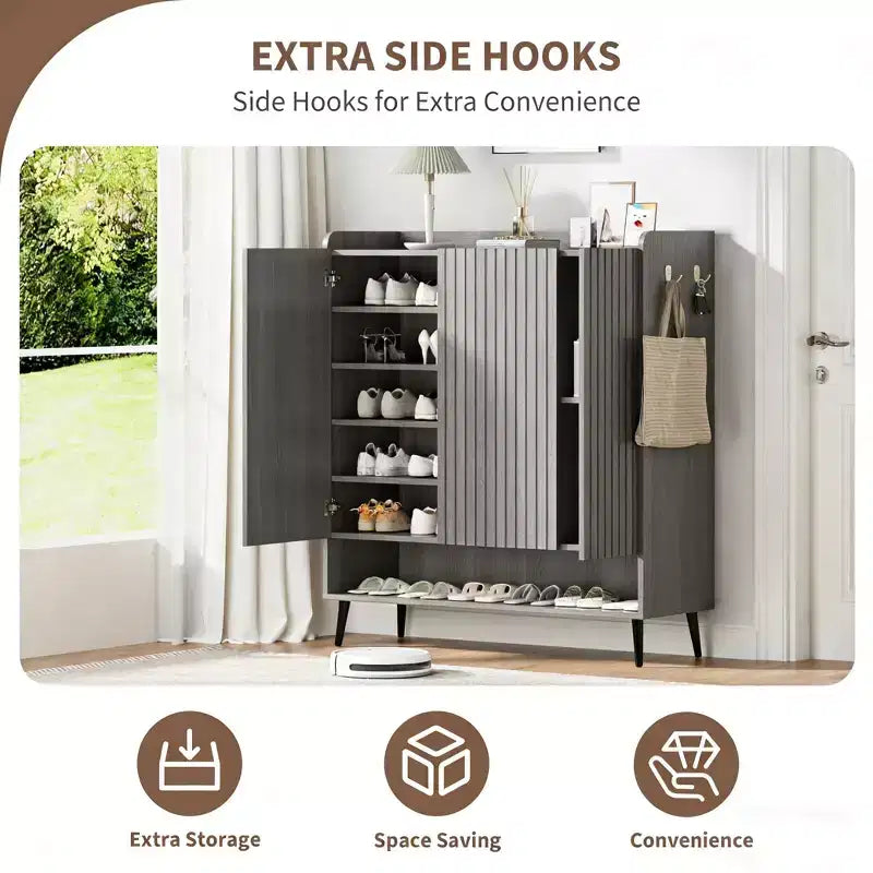 Zapatero Grande con Puertas, Organizador de Zapatos de Madera de 6 Niveles con Estantes Ajustables y Ganchos, Zapatero de Entrada de 3 Puertas para más de 30 Pares