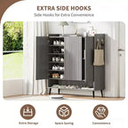 Zapatero Grande con Puertas, Organizador de Zapatos de Madera de 6 Niveles con Estantes Ajustables y Ganchos, Zapatero de Entrada de 3 Puertas para más de 30 Pares