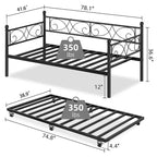 Cama de día doble Acekool con somier de arrastre, cabecero de hierro floral, láminas de acero de alta resistencia, sofá cama con somier extraíble para sala de estar, negro