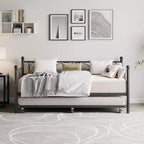 Cama de día doble Acekool con somier de arrastre, cabecero de hierro floral, láminas de acero de alta resistencia, sofá cama con somier extraíble para sala de estar, negro