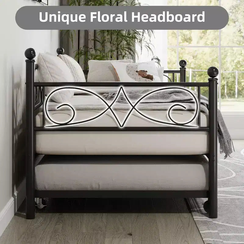 Cama de día doble Acekool con somier de arrastre, cabecero de hierro floral, láminas de acero de alta resistencia, sofá cama con somier extraíble para sala de estar, negro