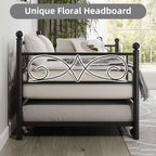 Cama de día doble Acekool con somier de arrastre, cabecero de hierro floral, láminas de acero de alta resistencia, sofá cama con somier extraíble para sala de estar, negro