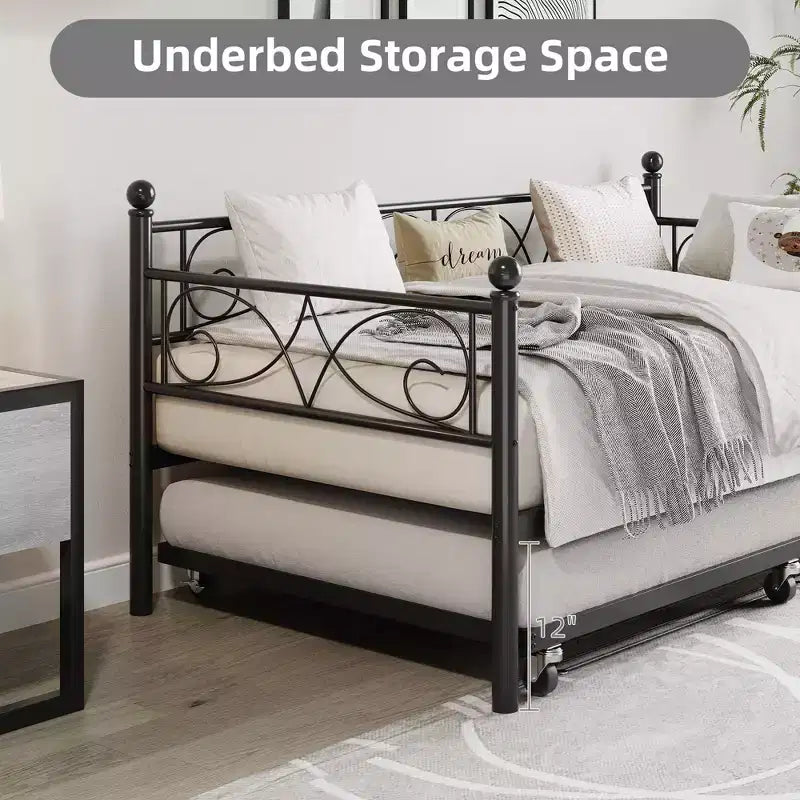 Cama de día doble Acekool con somier de arrastre, cabecero de hierro floral, láminas de acero de alta resistencia, sofá cama con somier extraíble para sala de estar, negro