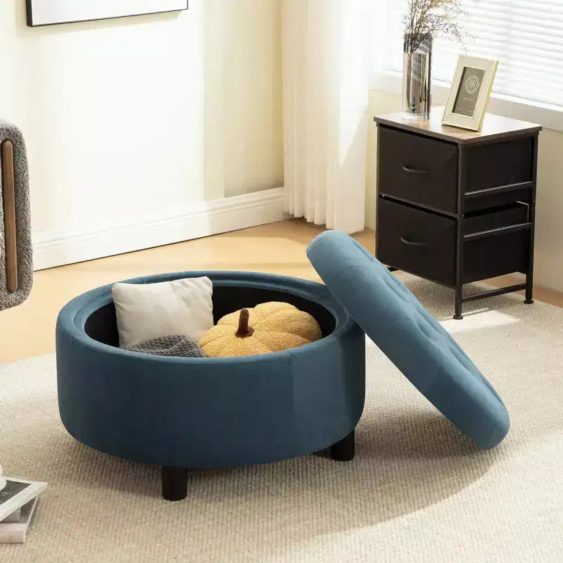 GDFStudio Fabian Modern Wooden Fleece Upholstered Round Ottoman With Reversible Lid and Hand-Pulled Buckle