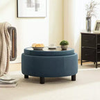 GDFStudio Fabian Modern Wooden Fleece Upholstered Round Ottoman With Reversible Lid and Hand-Pulled Buckle