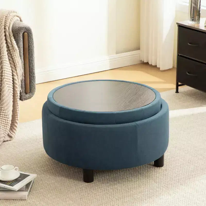 GDFStudio Fabian Modern Wooden Fleece Upholstered Round Ottoman With Reversible Lid and Hand-Pulled Buckle