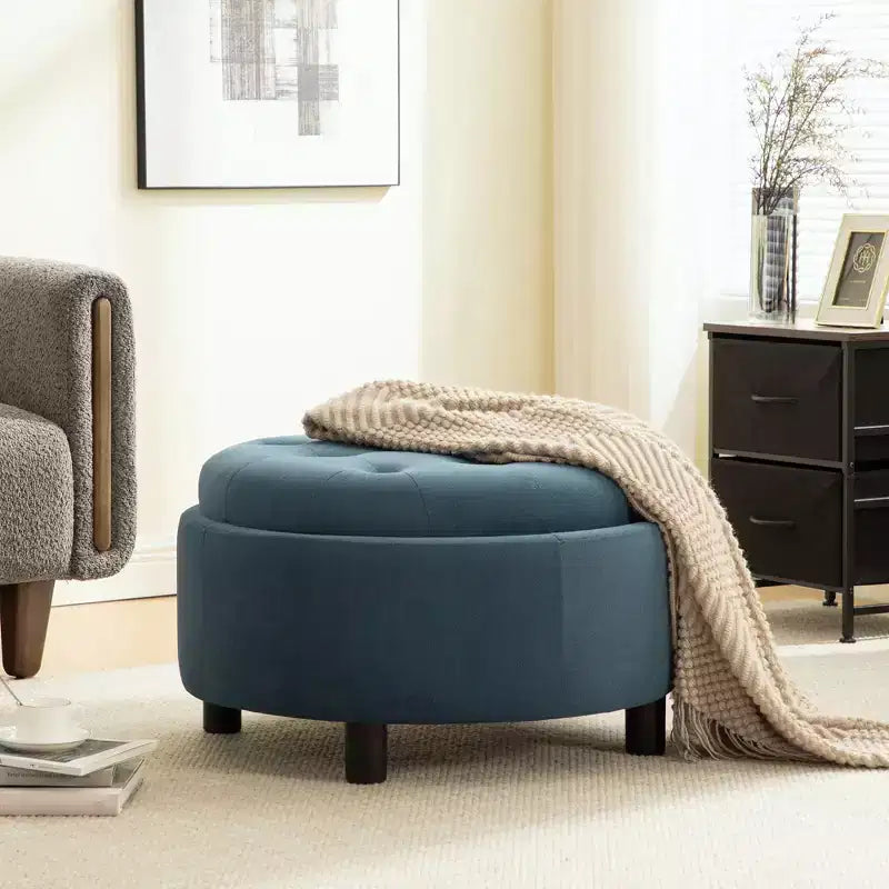 GDFStudio Fabian Modern Wooden Fleece Upholstered Round Ottoman With Reversible Lid and Hand-Pulled Buckle