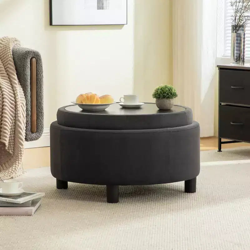 GDFStudio Fabian Modern Wooden Fleece Upholstered Round Ottoman With Reversible Lid and Hand-Pulled Buckle