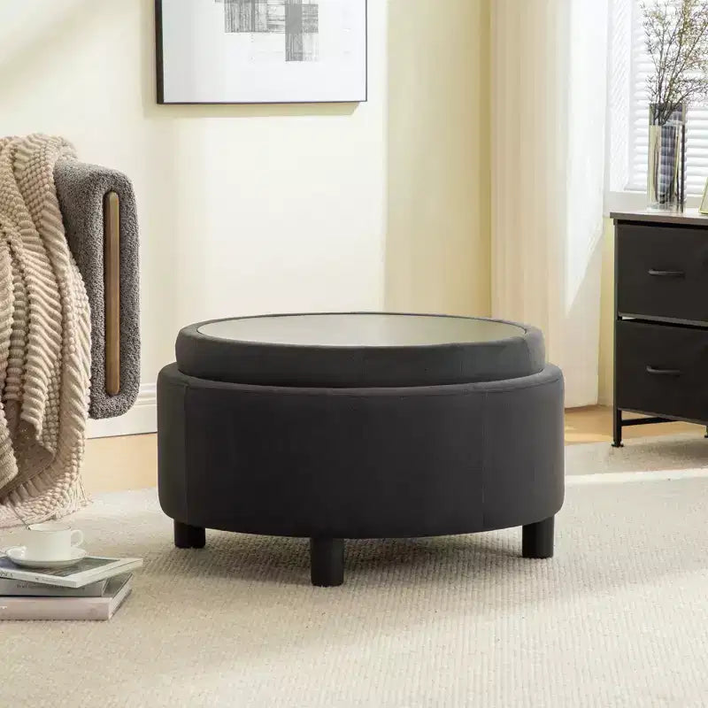 GDFStudio Fabian Modern Wooden Fleece Upholstered Round Ottoman With Reversible Lid and Hand-Pulled Buckle