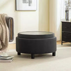 GDFStudio Fabian Modern Wooden Fleece Upholstered Round Ottoman With Reversible Lid and Hand-Pulled Buckle