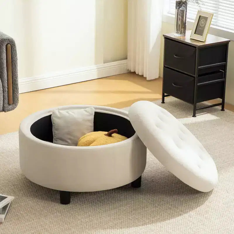 GDFStudio Fabian Modern Wooden Fleece Upholstered Round Ottoman With Reversible Lid and Hand-Pulled Buckle