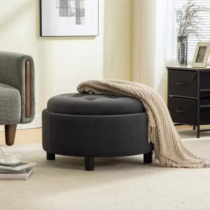 GDFStudio Fabian Modern Wooden Fleece Upholstered Round Ottoman With Reversible Lid and Hand-Pulled Buckle
