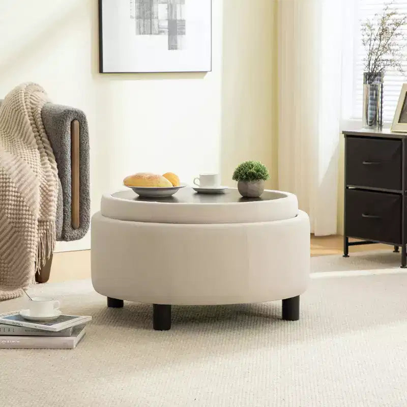 GDFStudio Fabian Modern Wooden Fleece Upholstered Round Ottoman With Reversible Lid and Hand-Pulled Buckle