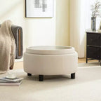GDFStudio Fabian Modern Wooden Fleece Upholstered Round Ottoman With Reversible Lid and Hand-Pulled Buckle