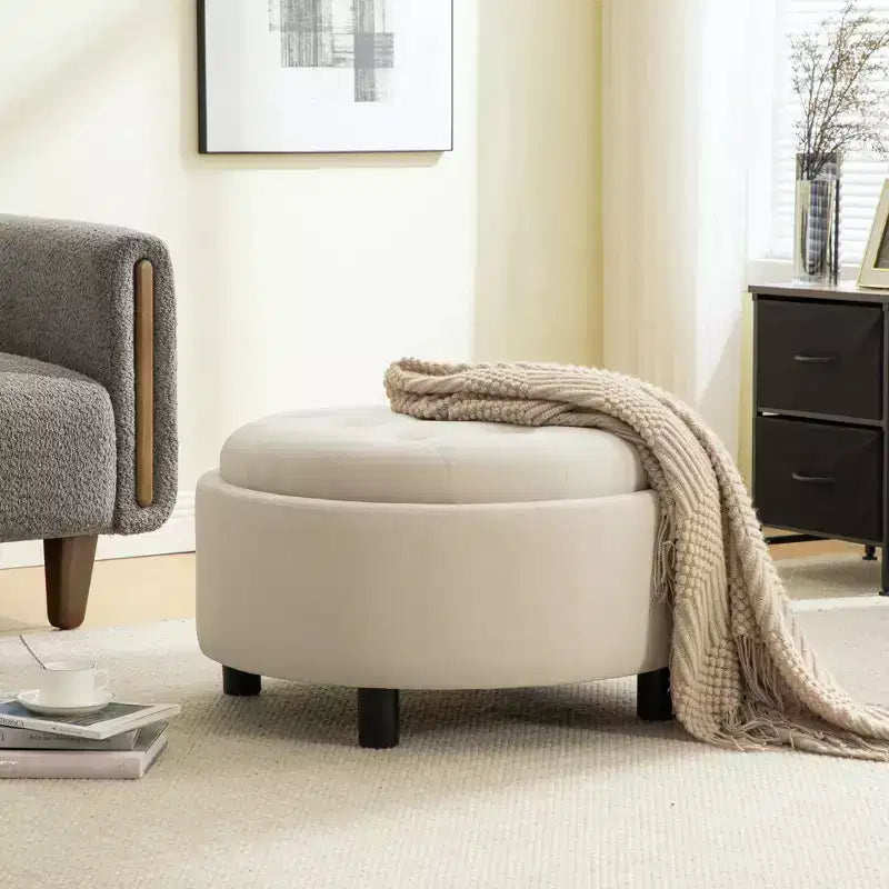 GDFStudio Fabian Modern Wooden Fleece Upholstered Round Ottoman With Reversible Lid and Hand-Pulled Buckle