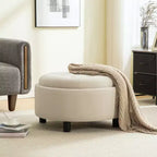 GDFStudio Fabian Modern Wooden Fleece Upholstered Round Ottoman With Reversible Lid and Hand-Pulled Buckle